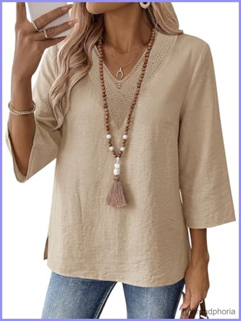 Women's Boho Lace V-Neck 3/4 Sleeve Tunic Blouse Flowy Summer Top